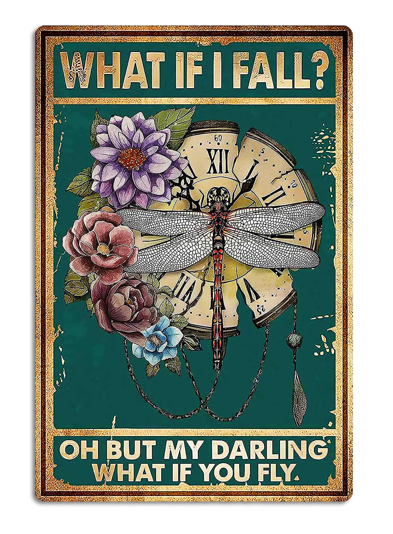 Photo 1 of Fmcmly Vintage Tin Signs What If I Fall Dragonfly Decoration Hippie Boho Art Poster Fall Sign Home Kitchen Office Bedroom Cafes Wall Decor 8x12 Inch