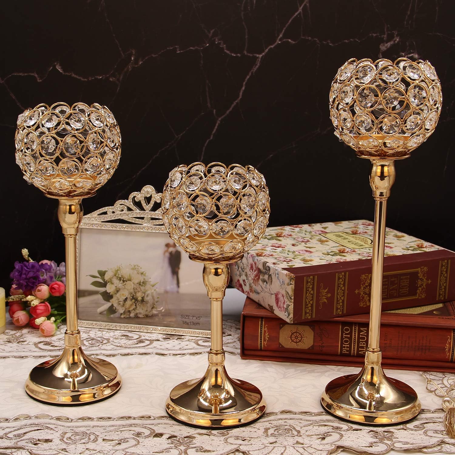 Vincidern Gold Crystal Candle Holder Decor for Wedding Centerpiece, Tealight Candlestick Holder for Fireplace Candelabra, Home Decor, Party, Housewarming Gift (Pack of 3Pcs): Home & Kitchen