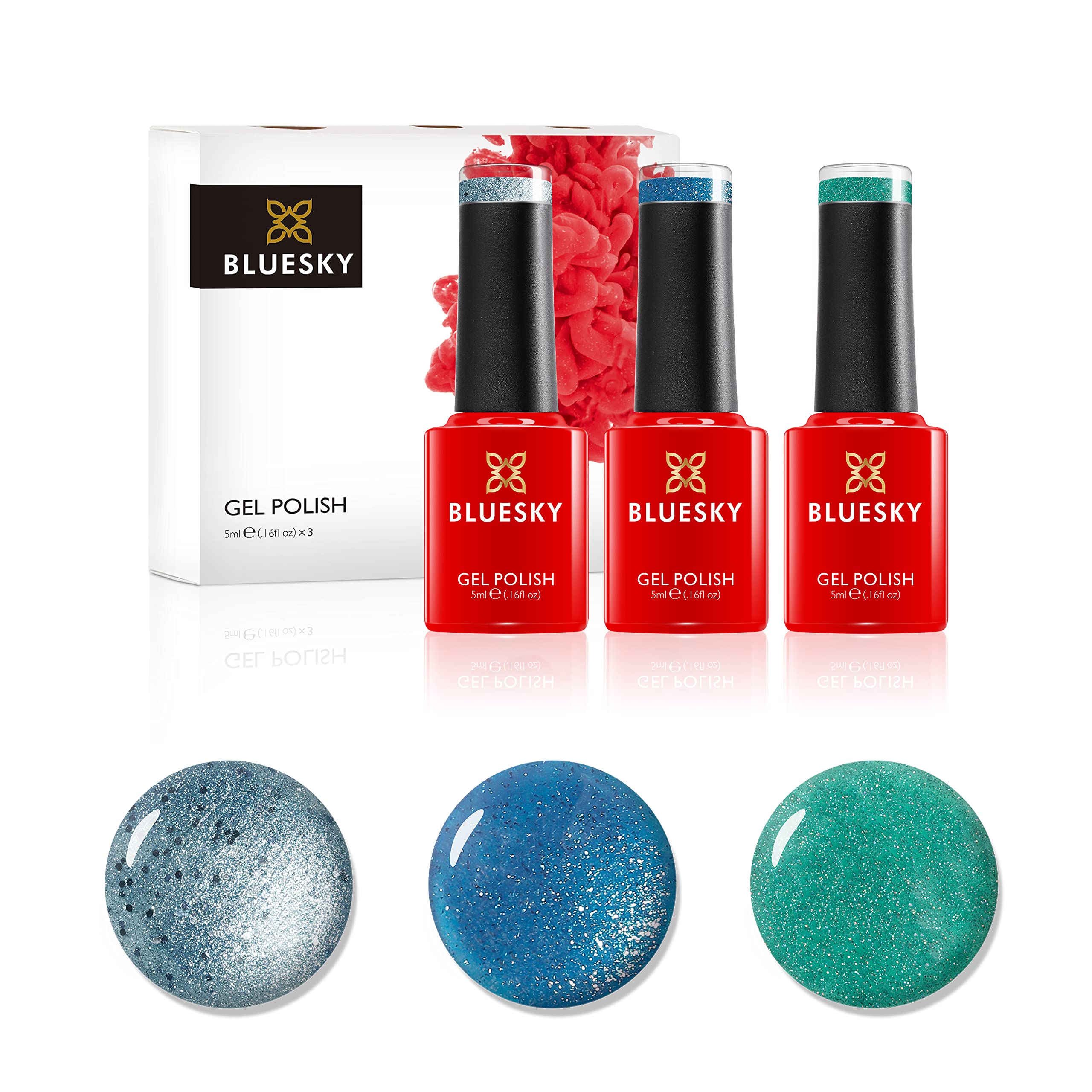 Bluesky Gel Nail Polish Set, Crystal Teals, Seabed Pch40, Glacial Mist 80612, Electric Glitter Blue Lt065, 3 x 5 ml, Shimmer, Blue, Green,(Requires Curing Under UV or LED Lamp)