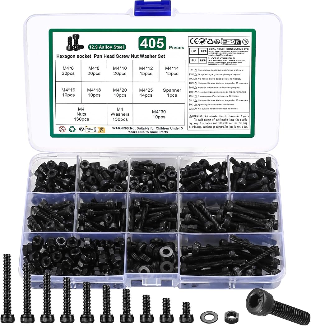 YOUYIDUN M4 Nuts and Bolts Set 405 Pcs Hex Socket Head Cap Screws Washers