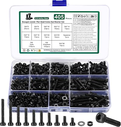 YOUYIDUN M4 Nuts and Bolts Set 405 Pcs Hex Socket Head Cap Screws Washers