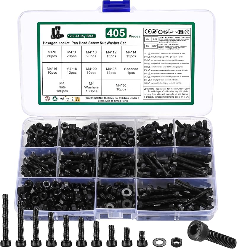 YOUYIDUN M4 Nuts and Bolts Set 405 Pcs Hex Socket Head Cap Screws Washers