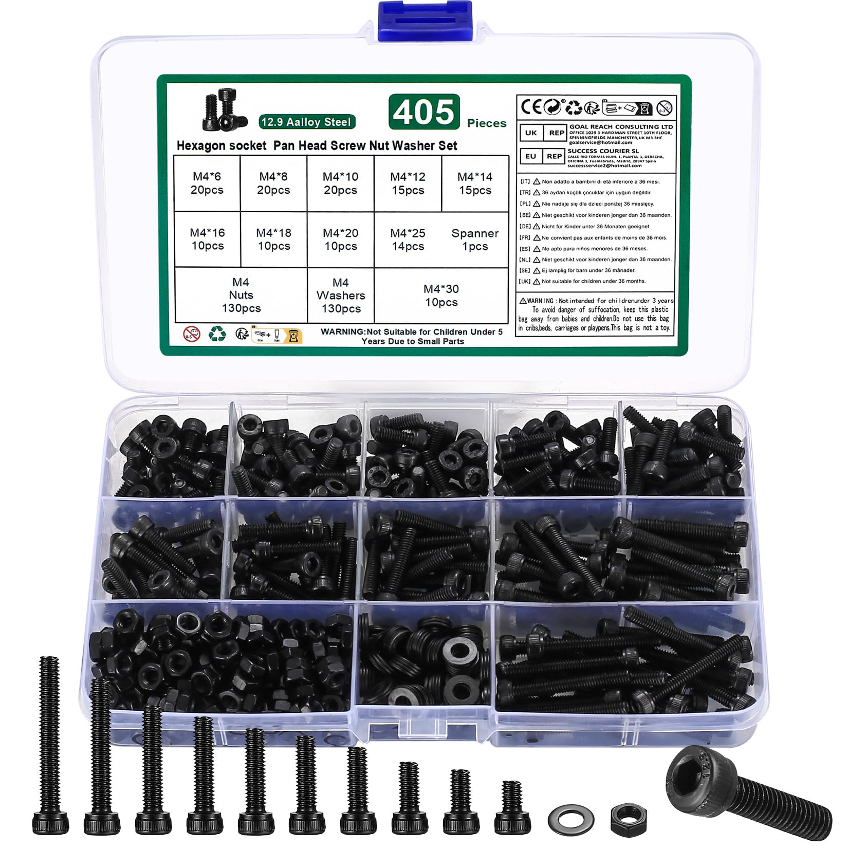 M4 Nuts and Bolts Set, 405 Pcs Hexagon Socket Head Cap, Hex Socket Cap Head Screws, Black Machine Screw Bolts and Nuts and Flat Washers Assortment Kit, for DIY Bicycle Motorcycle Repair — image 1