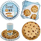 Sweet One Milk and Cookies 1st Birthday Party Supplies - 64 Piece First Birthday Tableware Set Includes Large 9" Dinner Plates and 8" Dessert Paper Plates Napkins Cups - Kit for 16