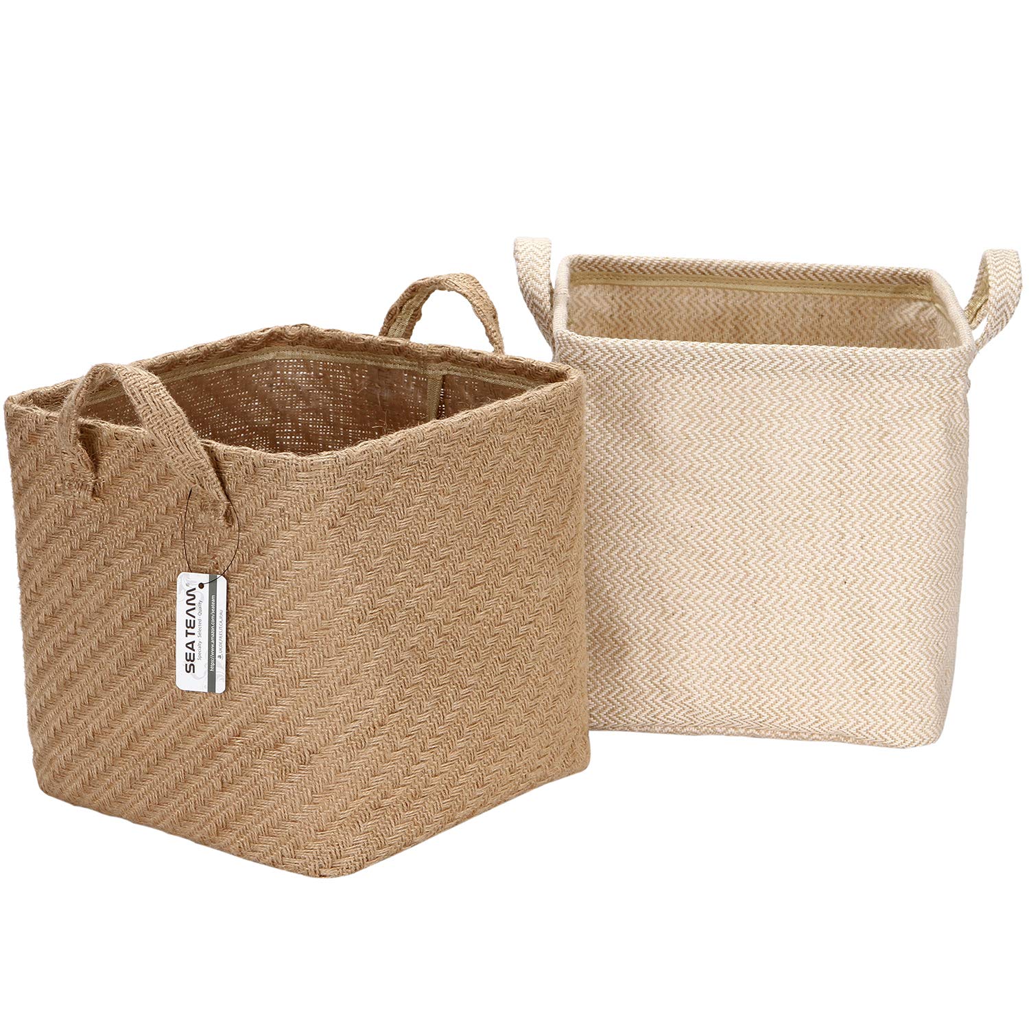 Sea Team Storage Baskets Organizer Box Bins in Jute and Cotton Linen Foldable with Handle Decorative for Home Toiletry Stationery Sundries Toys Jewerly Color Beige 26 * 26 * 26CM 2PCS