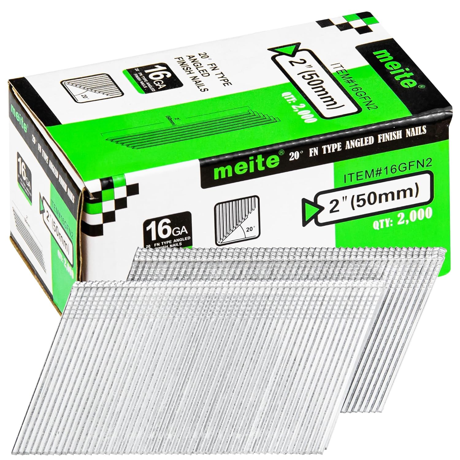 meite 16 Gauge Angled Finish Nails, 50mm Galvanised Angled Nails for Finish Nail Guns, 16GA 20 Degree Angled Nails for Carpentry & Interior Trim – 2,000 Pack
