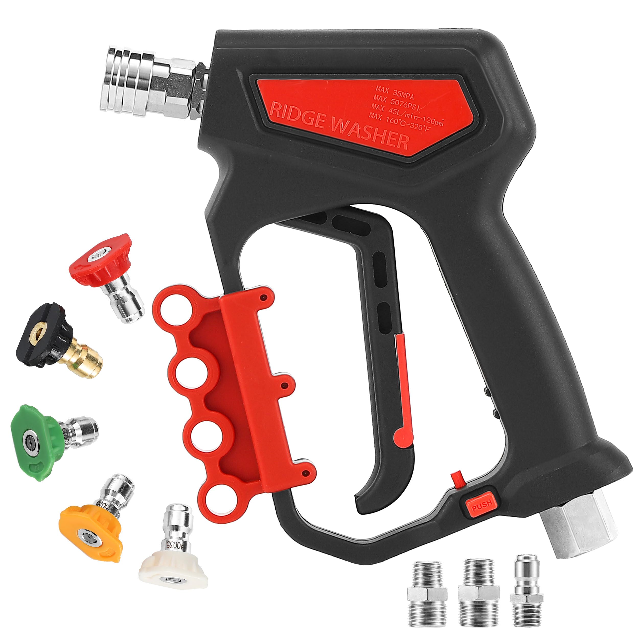 Photo 1 of *****STOCK PHOTO FOR REFERENCE ONLY*****
**no extra pieces**
RIDGE WASHER Pressure Washer Gun 5000 PSI with Nozzle Bracket, 12 GPM, Power Washer Trigger Gun with 1/4" Quick Connector, 360° Swivel 3/8'' NPT Thread, M22-14 mm and M22-15 mm Fitting