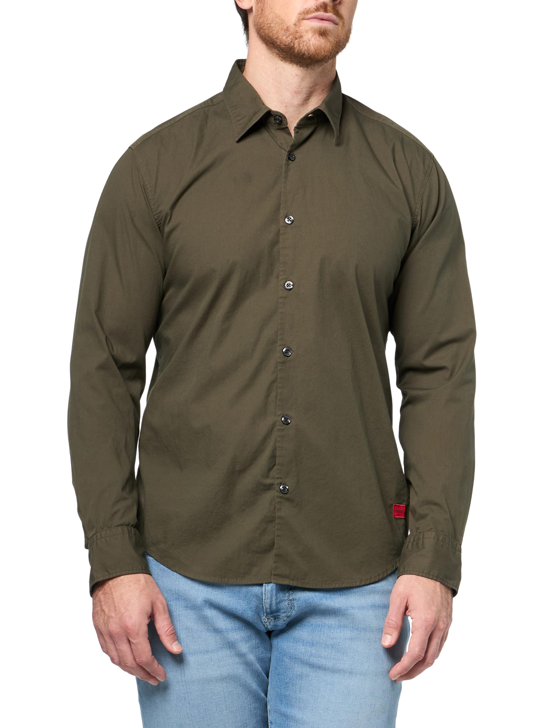 Photo 1 of HUGO Woven Logo Patch Button Down Shirt, Pine Green, S