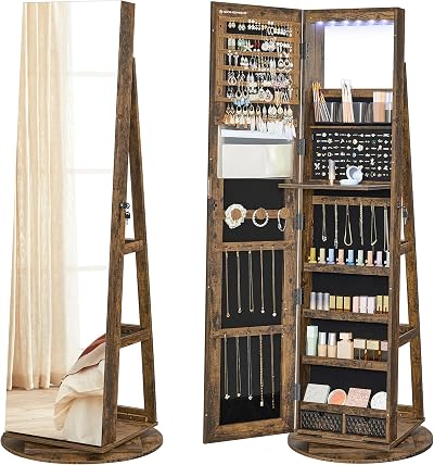 SONGMICS 6 LEDs Full-Length Mirror Jewellery Cabinet JJC007X01 Rustic Brown