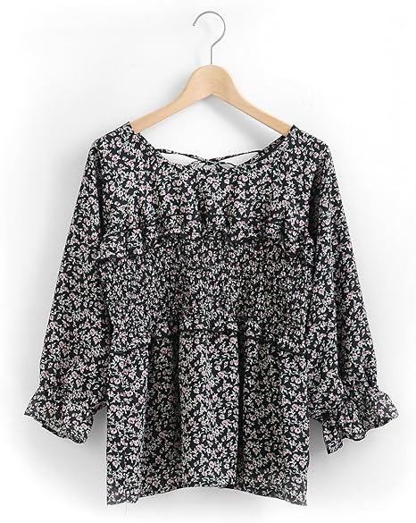 Amazon アメリエル マジェスティックレゴン Amelier Majestic Legon 胸シャーリング花柄ブラウス Free ブラック柄 シャツ ブラウス 通販