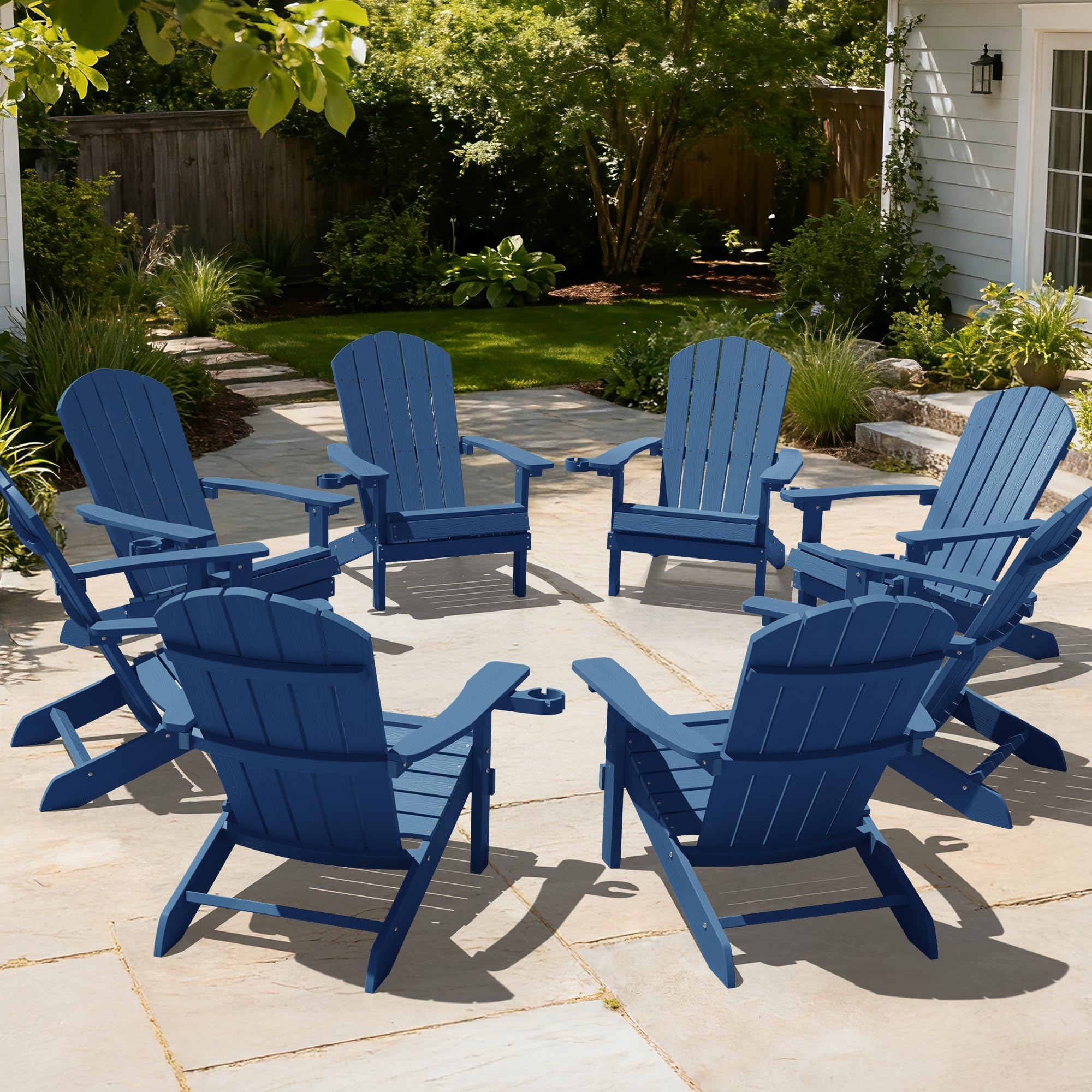 YEFU Adirondack Chairs Set of 8: Outdoor Chair HIPS Plastic Adirondack Chairs - Patio Chairs with Wood Texture - Lawn Fire Pit Deck Porch Garden Chairs for Adults (Navy Blue) Image