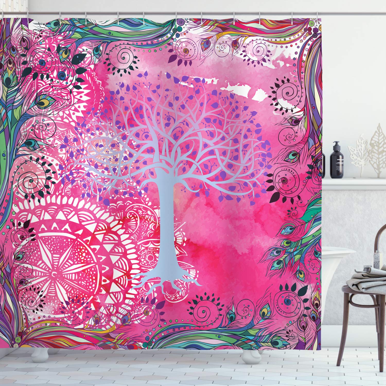 ABAKUHAUS Nature Shower Curtain, Tree of Life Motif with Peacock Feathers Tribal Vintage Primitive Nature Illustration, Cloth Fabric Bathroom Decor Set with Hooks, 78" Inches, Blue