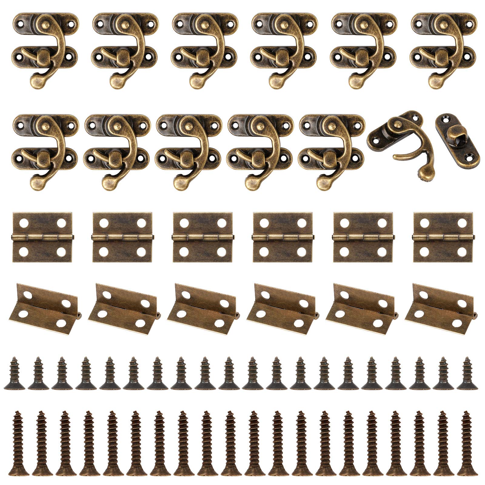 Chudian 40pcs Small Vintage Latch and 70pcs Small Hinges for Box, Vintage Lock Mini Hinges for Jewelry Box Furniture Miniature Gift Box with 440 Screws