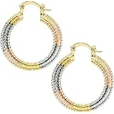 Sparkly Shiny Tri Tone 18k Yellow Gold, Rose Gold and Sterling Silver Plated Filled Textured Design Hoop Earrings for Women, Hinge with Notched Post
