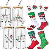 Tioncy 12 Pcs Christmas Gifts Set Include 16 oz Christmas Drink Glasses Cups Santa Socks and Xmas Keychains Can Shape Cup with Bamboo Lid Straw for Birthday, Xmas, and Winter Gifts (Vivid Style)