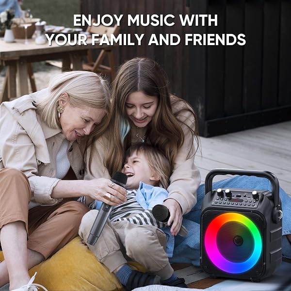 KARAOKE MACHINE, PORTABLE BLUETOOTH SPEAKER WITH 2 WIRELESS MICROPHONES FOR ADULTS & KIDS WITH LIGHTS, KARAOKE MICROPHONE WITH PA SYSTEM SUPPORTS USB/TF/FM/AUX FOR HOME PARTY HOME SYSTEM PACKAGES