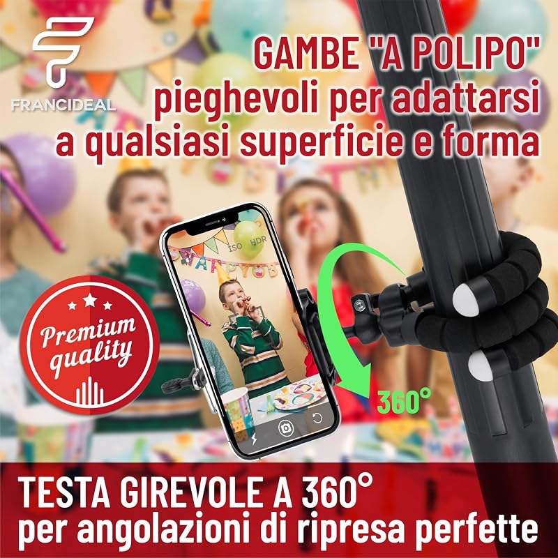 FRANCIDEAL - Cavalletto per Smartphone con Gambe a Polipo, Testa 360°, Compatto e Leggero