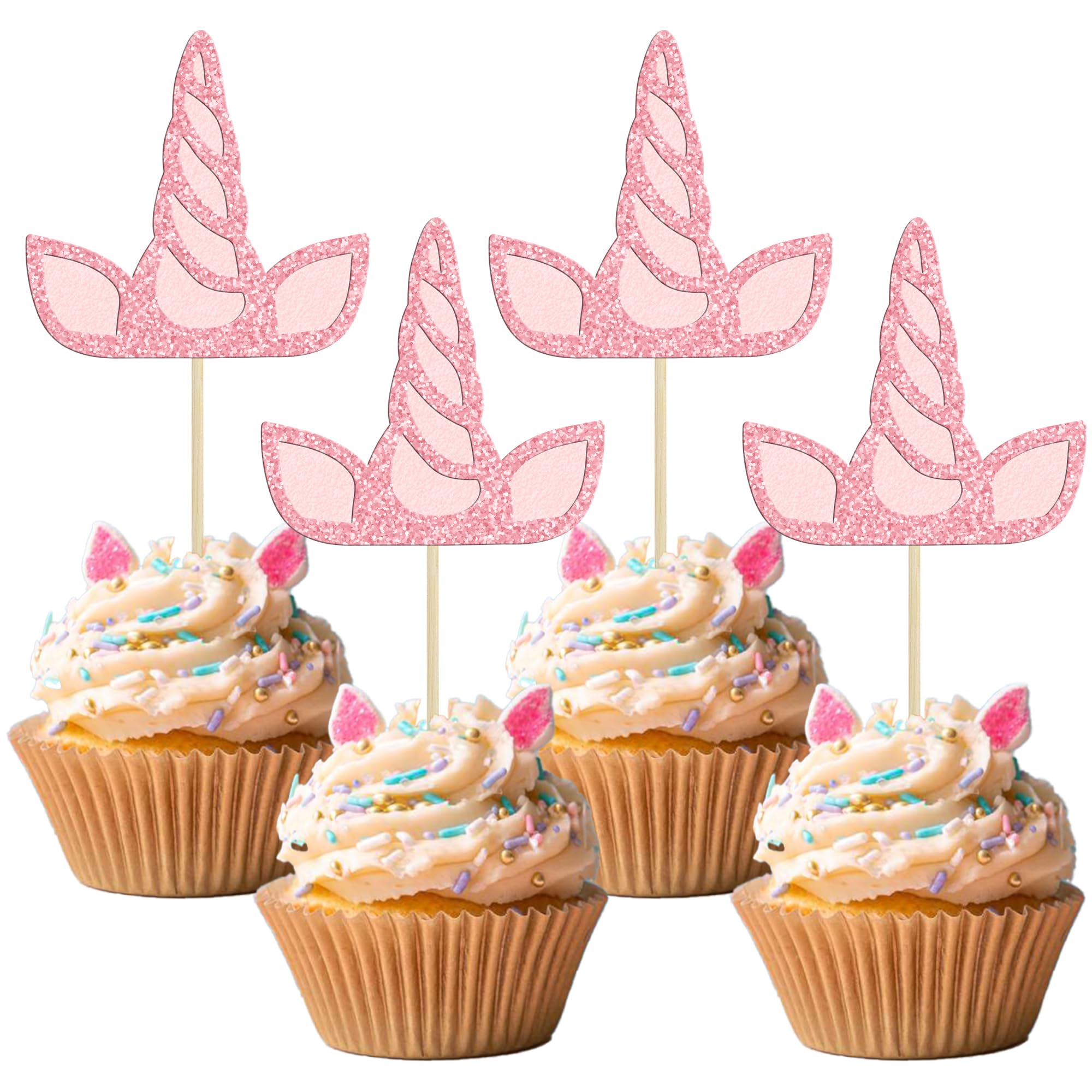 Gyufise 24Pcs Unicorn Horn Cupcake Toppers Pink Glitter Double Layers Unicorn Horse Cupcake Picks for Baby Shower Birthday Wedding Engagement Bridal Shower Party Cake Decorations Supplies