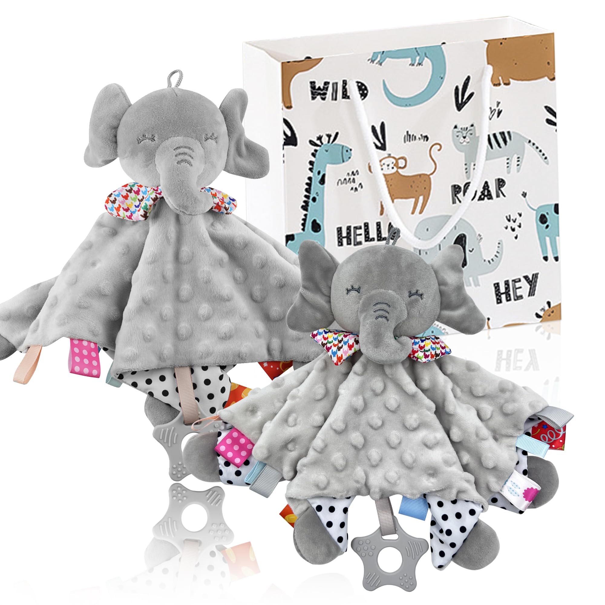 UNMOT 2-Pack Baby Comforter Gift Set | Newborn Elephant Security Blankets for Baby Boy or Girl| Ideal Soft Toys for Infant 0-12 Months (2-Pack Elephant Comforters with Gift Box)