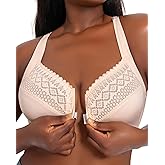 Pattsiao Women's Front Closure Bra Underwire Unlined T-Back Lace Unpadded Full Coverage Racerback Bras for Plus Size
