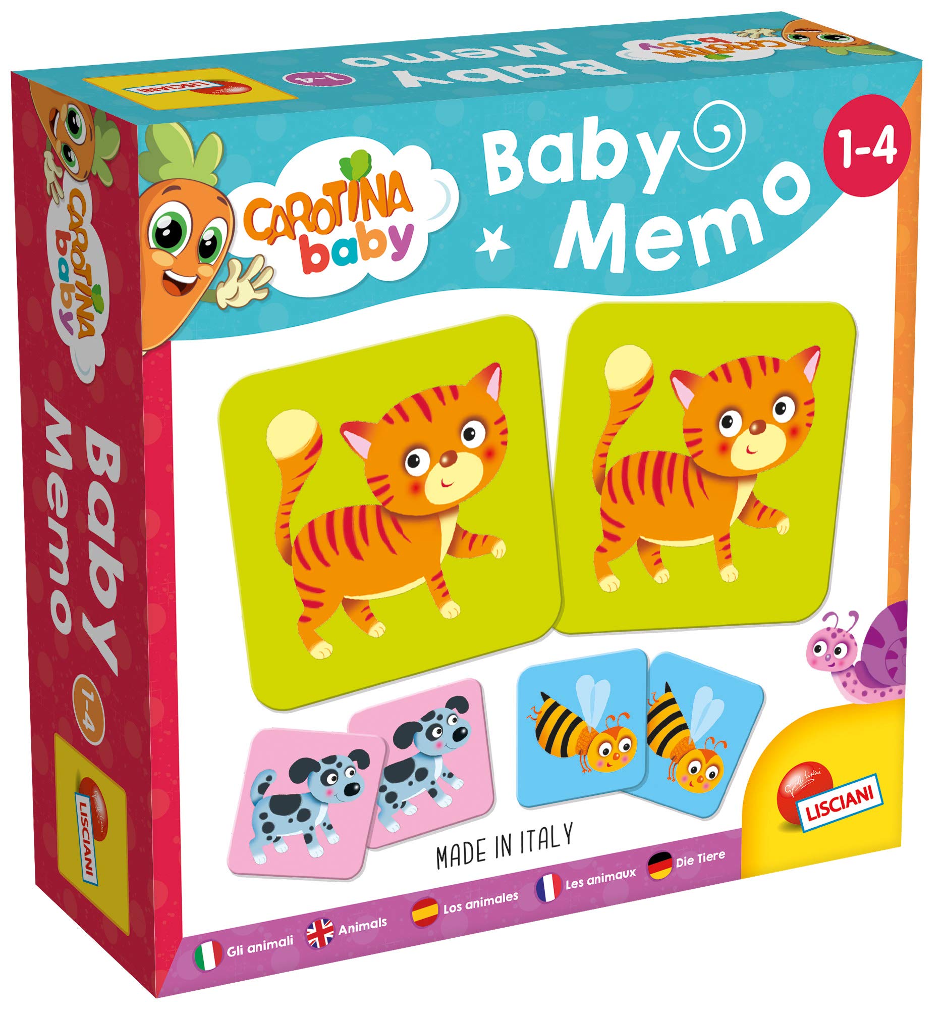 Lisciani - CAROTINA BABY MEMORY GAME ANIMALS - 24 Illustrated Cards for Toddlers Age 1 to 4 - Improves Memory, Vocabulary and Observation - Educational Animal Matching Game