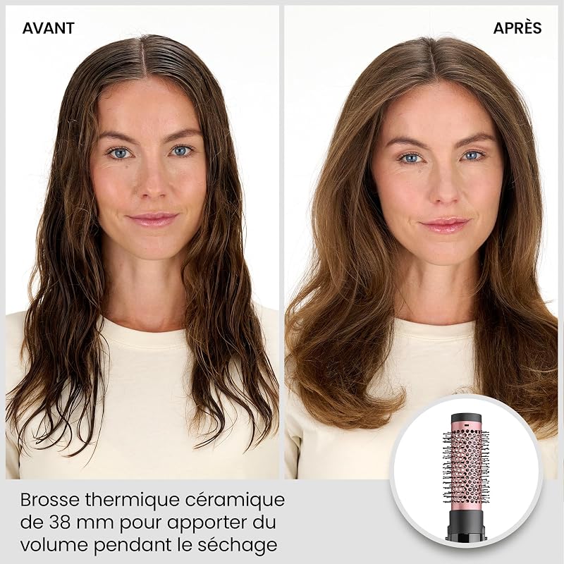 Brosse soufflante Perfect Finish - 3 accessoires pour lisser, créer du volume et mettre en forme - 2 réglages de chaleur +Bouton Air Froid - Technologie ionique anti- frisottis - AS126E