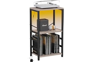 YAKANJ End Table with LED Light,Record Player Stand with Albums Storage,Vinyl Records Storage,Turntable Stand Side Table for Music Room Studio Living Room Bedroom-Greige