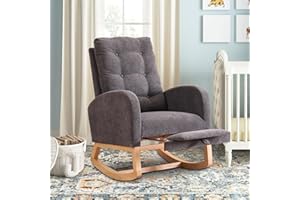 cinkehome Nursery Rocking Chair with Retractable Foot Rest, Glider Rocking Chair with Solid Wood Legs, High Back, Button Decors, Mid Century Rocker Chair, Grey