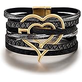 Edoneery Leather Wrap Bracelet for Women, Boho Handmade Multi-Layer Cuff with Crystal Beads Heart, Stackable Bangle Western Jewelry Gift