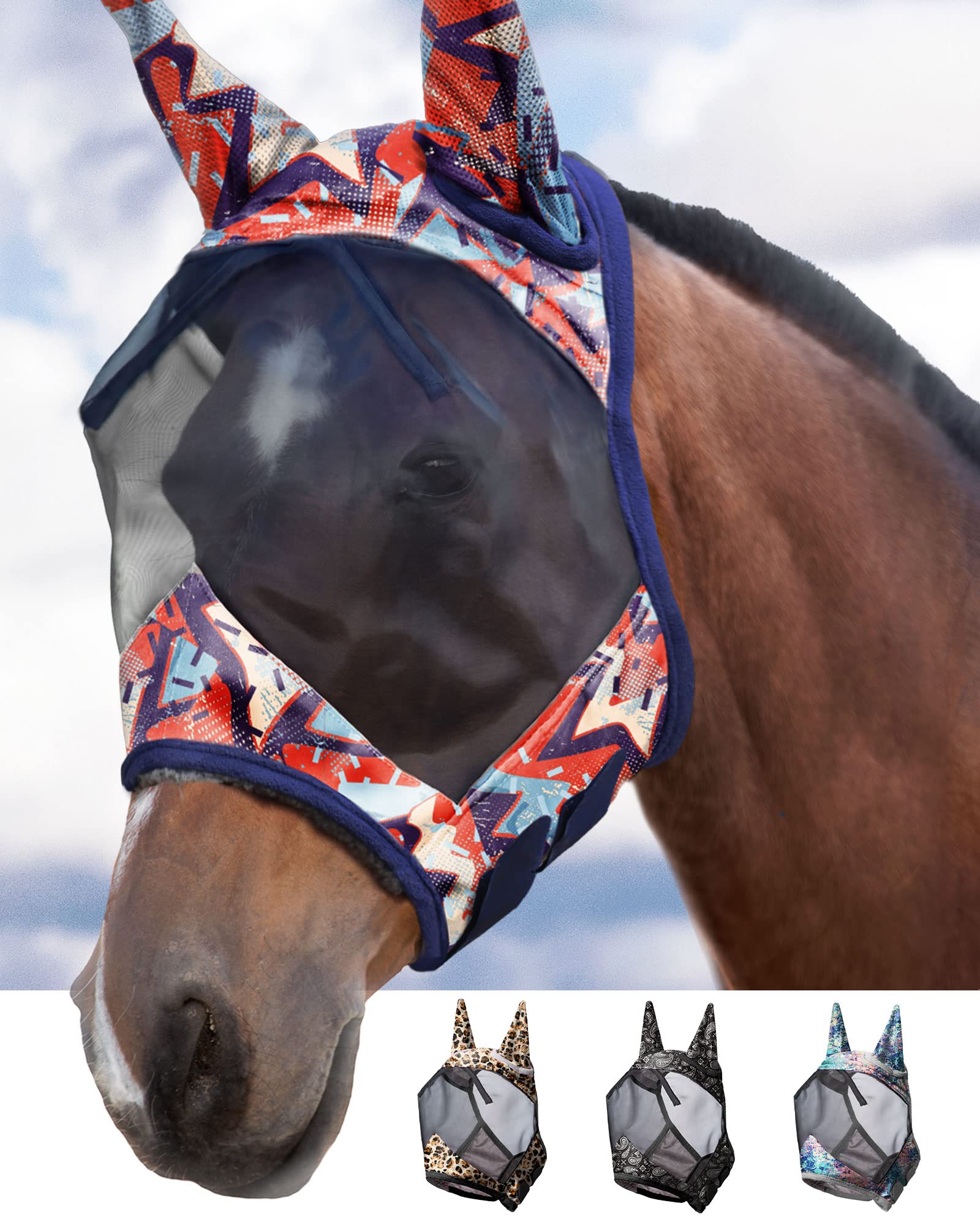 Harrison Howard LumiVista Horse Fly Mask Standard with Ears UV Protection for Horse-Abstract Graffiti (XL; Extra Full)