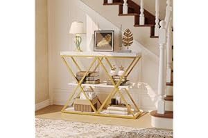 Garvee Industrial 3-Tier Console Table with Open Storage Shelves - x-Frame Metal - Narrow Sofa Table for Entryway, Hallway, L