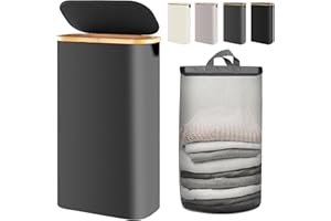 Bathola Slim Laundry Hamper with Lid 65L, Dirty clothes Hamper for Laundry Basket Collapsible, Thin Laundry Hamper with Removable Bag & Bamboo Handles, Narrow Laundry Hamper for Small Space