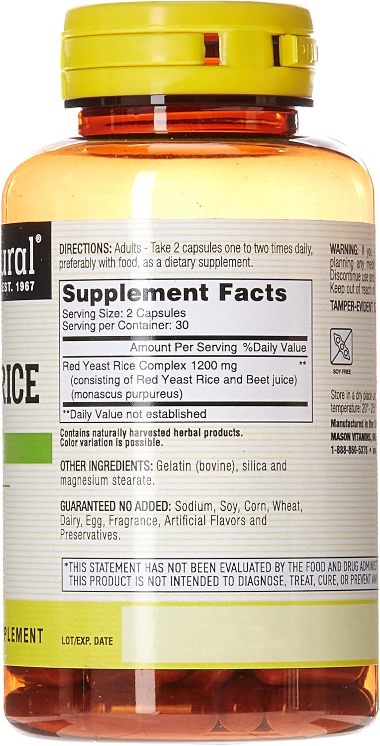 Mason Natural, Red Yeast Rice, 1200 mg, 60 Capsules Bottle (Pack of 3), Herbal Dietary Supplements May Help Maintain Healthy Cholesterol and Promote Circulation: Health & Personal Care