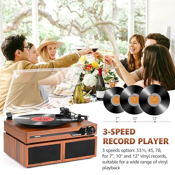 VINYL RECORD PLAYER WITH SPEAKERS,BLUETOOTH PORTABLE TURNTABLE FOR VINYL RECORDS,PHONOGRAPH LP PLAYER WITH 3 SPEED USB RCA IN VINTAGE BROWN