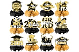 ILUIGGW 12Pcs Black and Gold Graduation Decorations Hoenycomb Centerpieces, 2025 Glitter Graduation Decorations Black and Gold Graduation Table Decorations Congrats Grad Class of 2025 Graduation Table Toppers