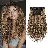 LEEONS Curly Clip in Hair Extensions, 4PCS 16 inch Curly/Wavy Hair Extensions Clip ins - Lace Weft Soft Natural Hairpieces for Women (Brown Beige with Golden Brown Highlights)