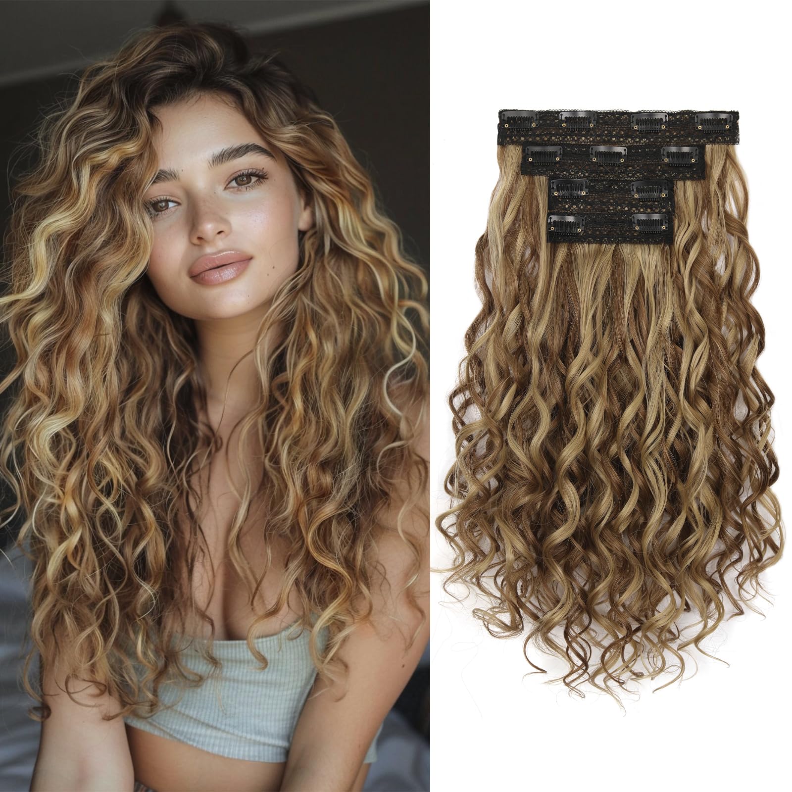Photo 1 of LEEONS Curly Clip in Hair Extensions, 4PCS 16 inch Curly/Wavy Hair Extensions Clip ins - Lace Weft Soft Natural Hairpieces for Women (Brown Beige with Golden Brown Highlights)