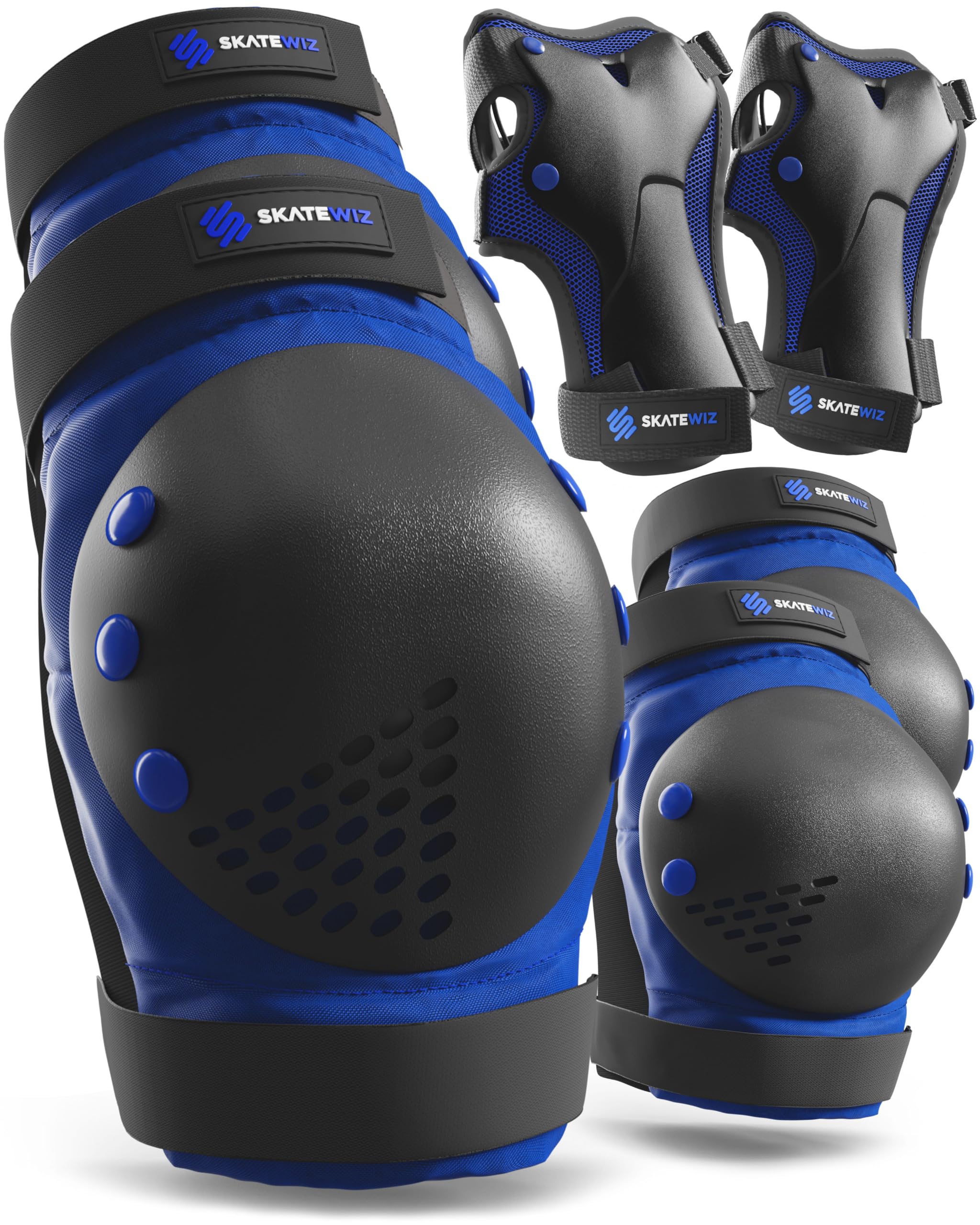 SKATEWIZ Knee and Elbow Pads for Children - Kids Knee Pads - SMASH - Size M/L Blue Black - Wrist Guards Skating - Skateboard, Roller Skate & Scooter