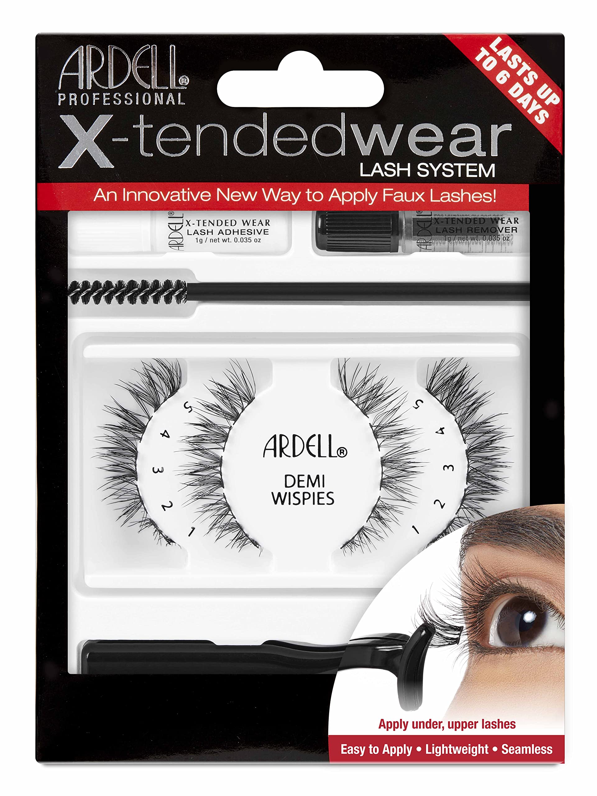 Ardell X-Tended Wear False Eyelashes, Demi Wispies Kit, 6 Day Wear, Adhesive included, Vegan Friendly, 2 Pairs (Pack of 1)