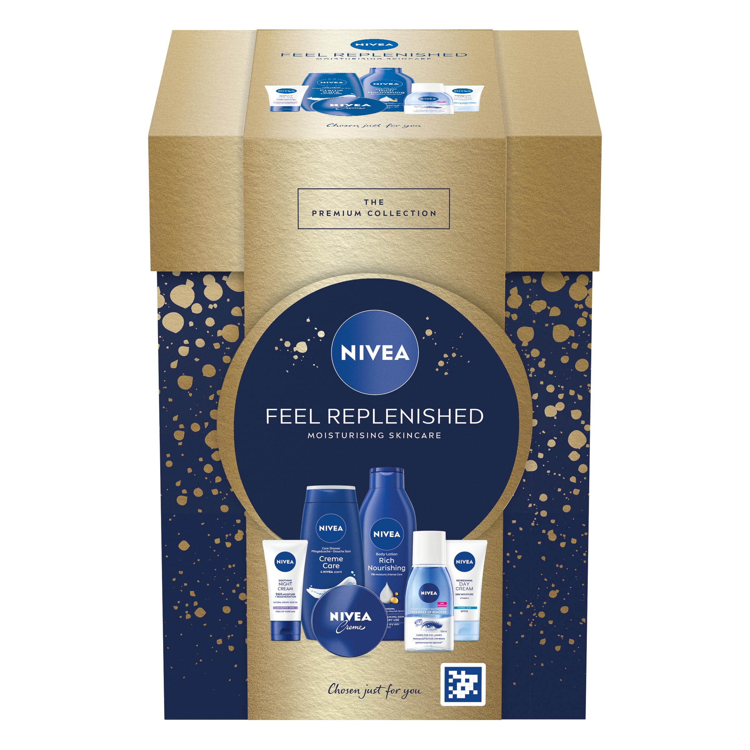 NIVEA Feel Replenished Gift Set (6 Products), Skincare Women's Gift Set with Creme, Eye Make-Up Remover, Shower Cream, Body Lotion, SPF15 Day Cream, and Night Cream