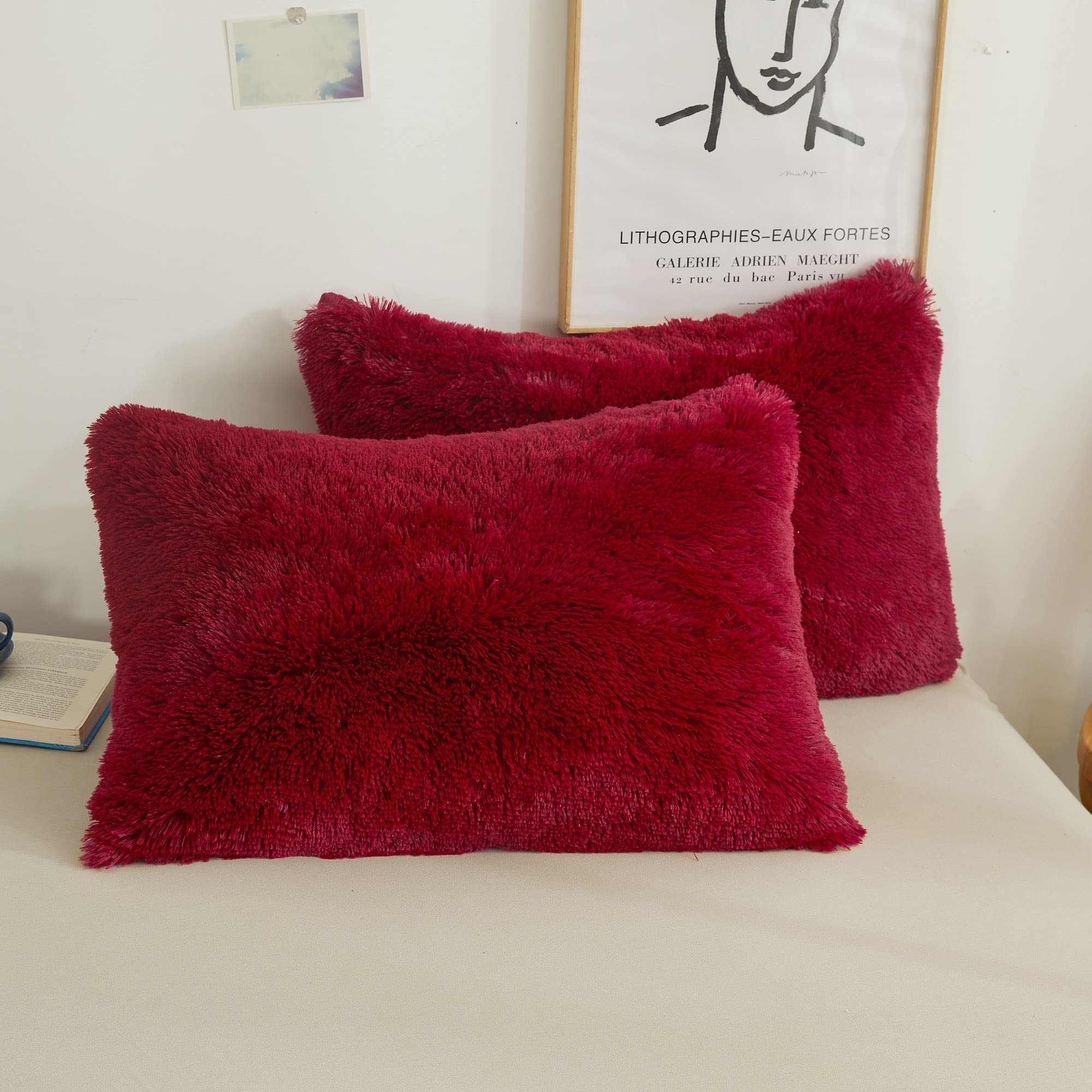 Photo 1 of XeGe Faux Fur Fluffy Pillow Cases, Plush Shaggy Ultra Soft Furry Pillow Shams, Crystal Velvet Fuzzy Pillow Covers, Decorative Pillowcases for Bed Couch Sofa Zipper Closure, Set of 2 (King, Red)