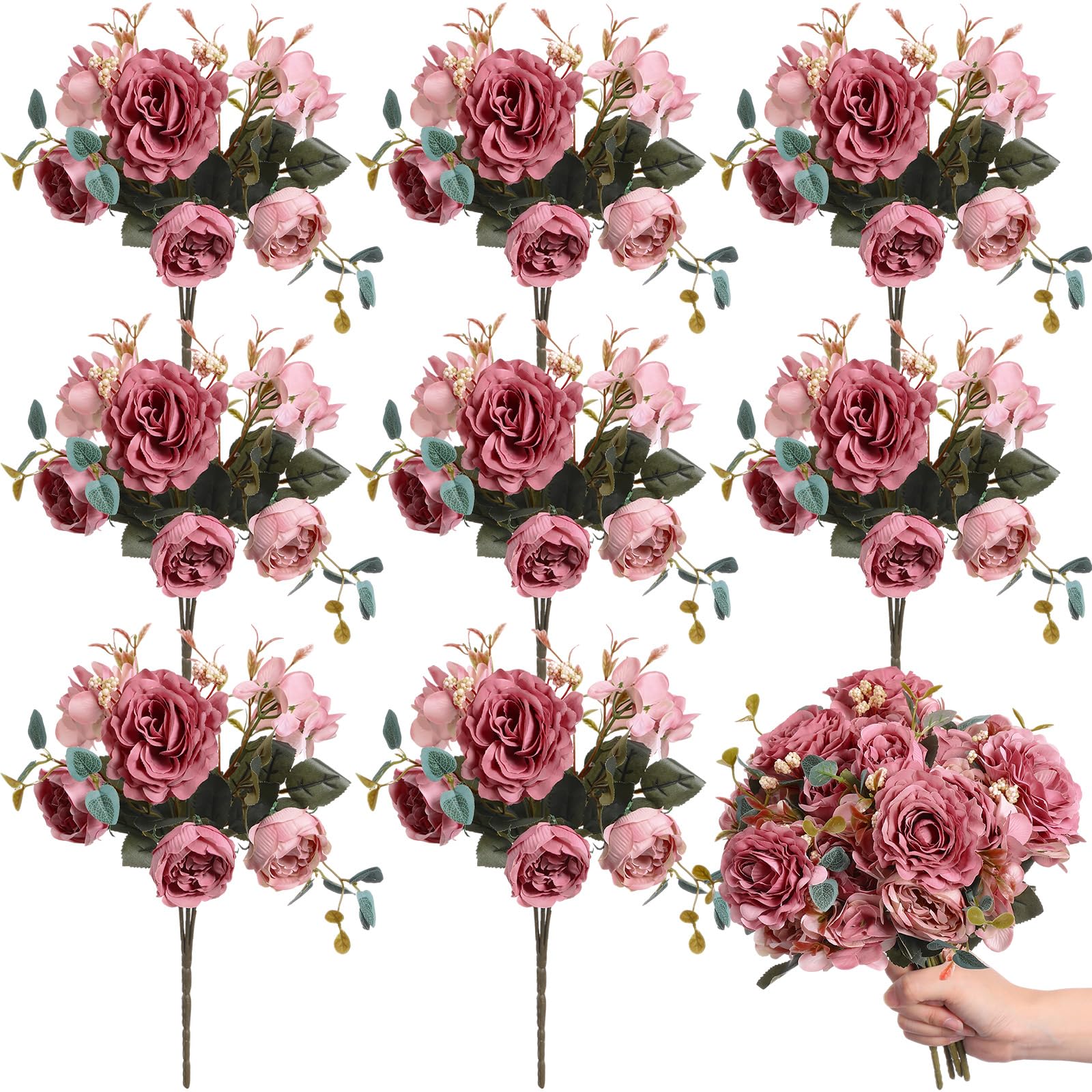 Photo 1 of Yunsailing 8 Packs Artificial Peony Flowers Faux Silk Hydrangea Bouquet Vintage Wedding Home Table for Door Decor Reusable Bouquet of Rose Flowers for Valentine Wedding Birthday Party(Dark Pink)