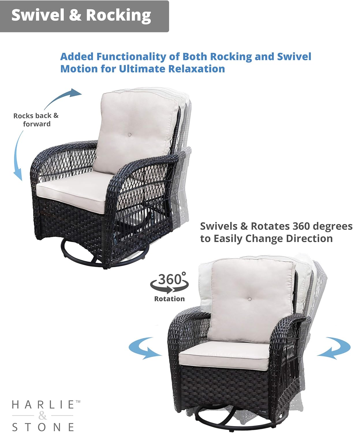 Harlie & Stone Outdoor Swivel Rocker Patio Chairs Set of 2 and Matching Side Table - 3 Piece Wicker Patio Bistro Set with Premium Fabric Cushions: Kitchen & Dining