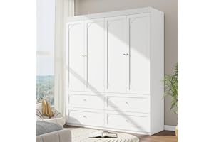 LABROSKIA Bedroom Armoire Wardrobe Closet with 4 Drawers: 74" White 4 Doors Wood Storage Cabinet with Adjustable Shelves, Hanging Rod and Ample Storage Space (Modern, White)