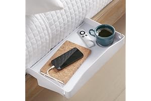 Modern Innovations Bedside Shelf for Bed, College Dorm Room, Bunk Bed Shelf/Caddy for Top Bunk, Clip On Nightstand Tray with Cord and Cup Holder for Table Storage (White)