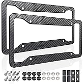 ZXFOOG Carbon Fiber License Plate Frames- 2 Pack Black Aluminum Front & Rear Auto Car Tag Holder, Heavy Duty Bracket with Mount Hardware, Screws Caps, Rattle Proof Pads (Carbon Pattern
