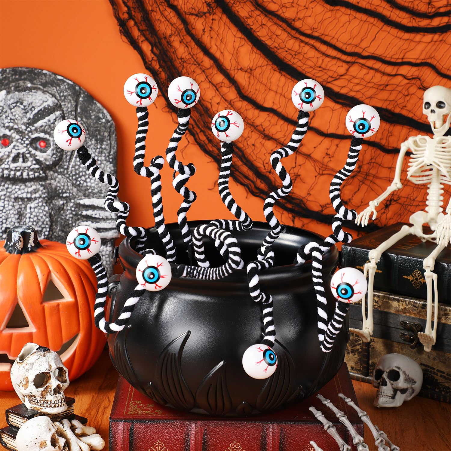 Photo 1 of 10 Pcs Halloween Eyeballs Sandworm Decoration, 15 Inch Halloween Eyeball Picks, Black and White Striped Plush Branches Stems Props Decor for Home Office Party Indoor Gifts