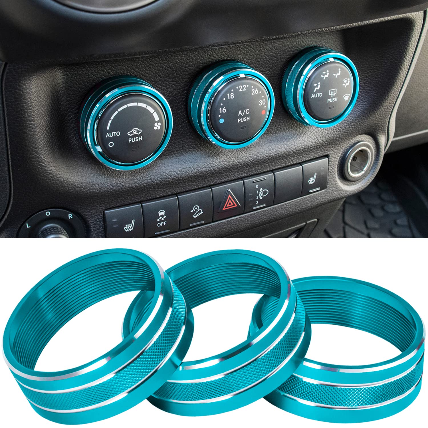 Photo 1 of Audio Air Conditioning Button Cover Decoration Twist Switch Ring Trim for Jeep Wrangler JK JKU Patriot 2011-2018, Compass 11-16, Liberty 08-12, Dodge Challenger 08-14 Interior Accessories (Light Blue)