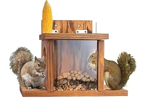 MIXUMON Wood Squirrel Feeder, Squirrel Feeders for Outside Winter, Wooden Chipmunk Feeder for Corn, Peanuts, Durable Box Easy to Fill with Removable Front Panel (Style 1)