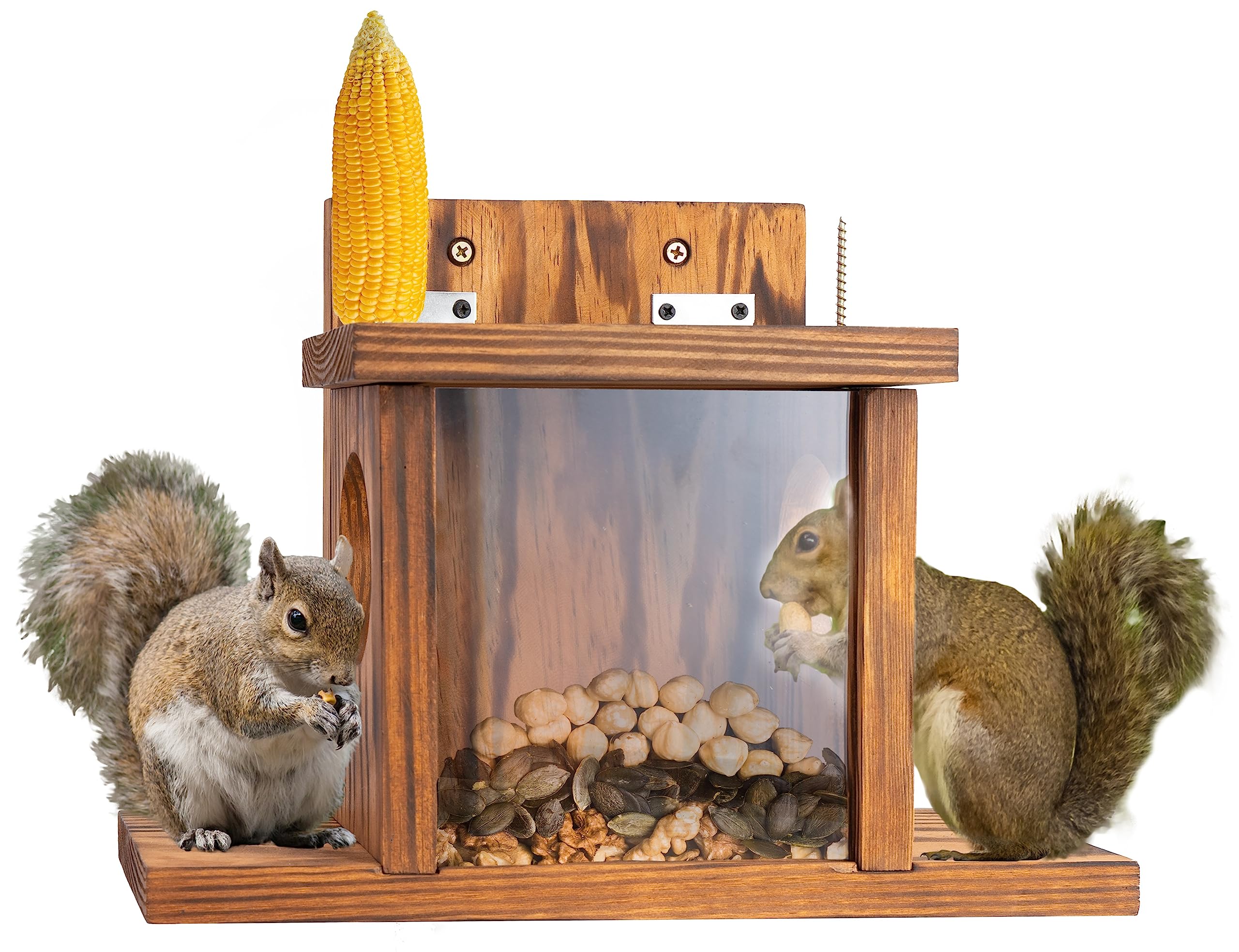 Photo 1 of MIXUMON Wood Squirrel Feeder, Squirrel Feeders for Outside Winter, Wooden Chipmunk Feeder for Corn, Peanuts, Durable Box Easy to Fill with Removable Front Panel (Style 1)